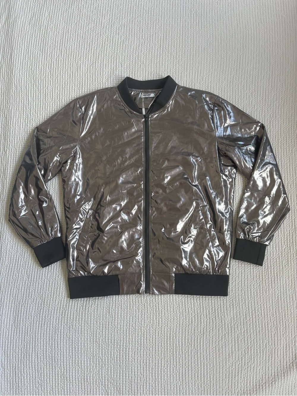 Men's Metallic Bomber Jacket - Shiny Silver Finish